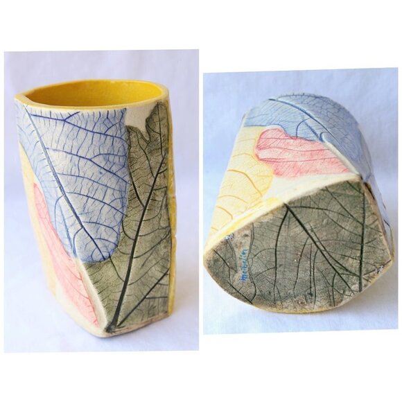 Handmade Ceramic Multicolor Pencil Holder Organic Shape leaf texture Vase unique - Picture 10 of 10